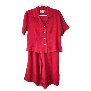 FLAX 2 Piece Set Linen Top & Wide Leg Crop Pants Red Womens Small Boho Lagenlook